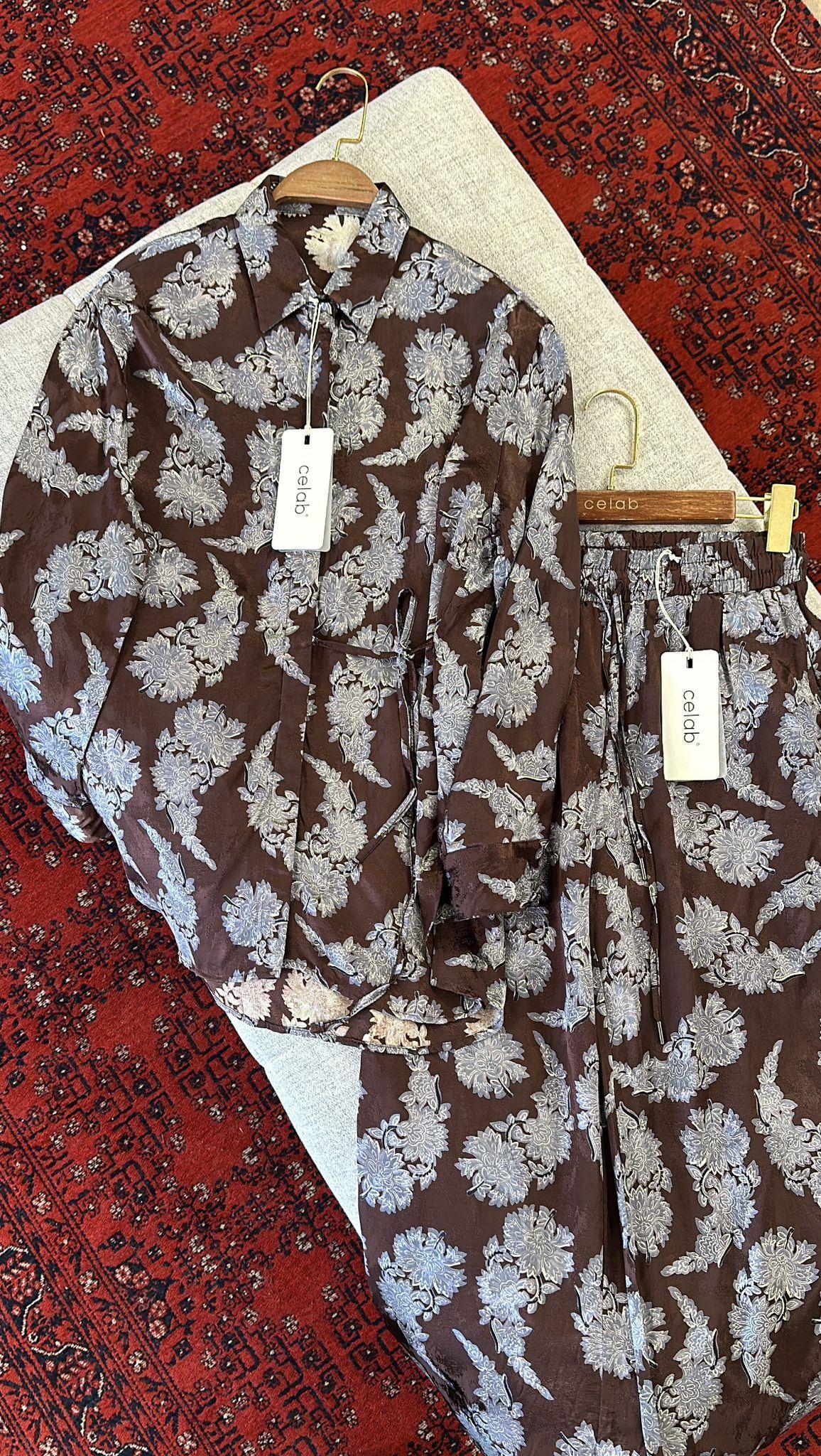 45355 ÇİÇEKLİ RAYON TAKIM Kahverengi