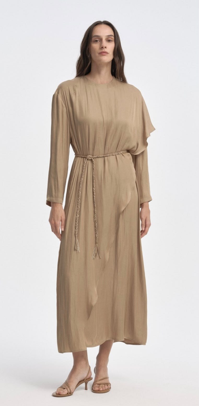 Örgü Kemerli Katmanlı Elbise CAMEL