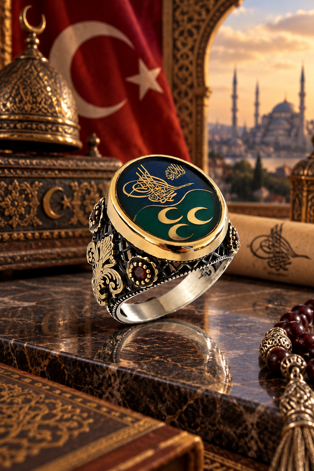 9225 AYAR TUĞRALI  VE ÜÇHİLALLİ ERKEK GÜMÜŞ YÜZÜK