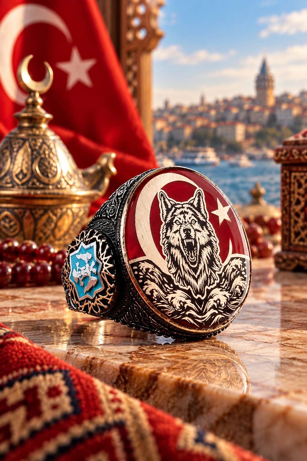 925 AYAR  AY YILDIZLI  KURT BAŞLI  ERKEK GÜMÜŞ YÜZÜK