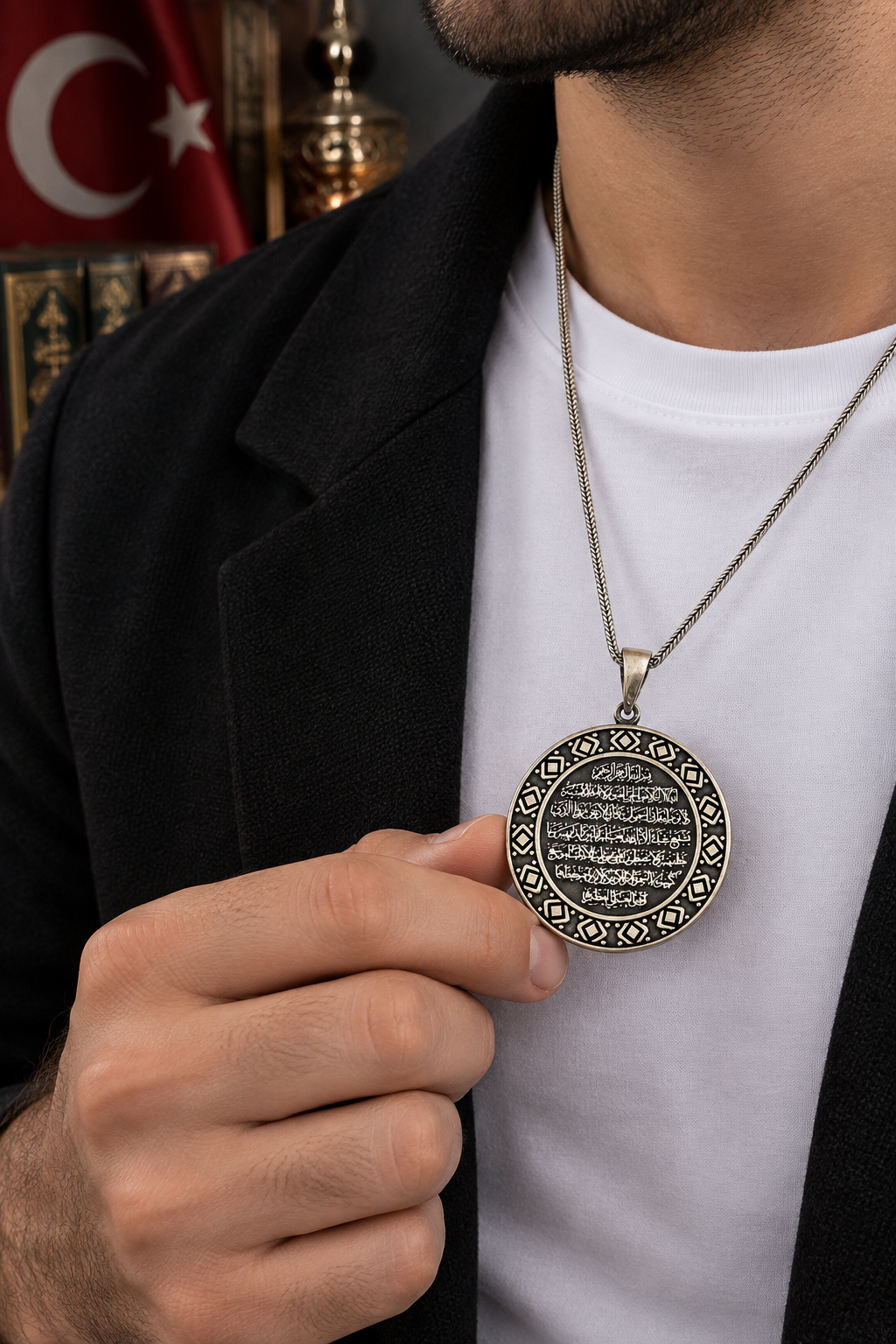 925  AYAR AYETEL KURSİ YAZILI ERKEK GÜMÜŞ KOLYE