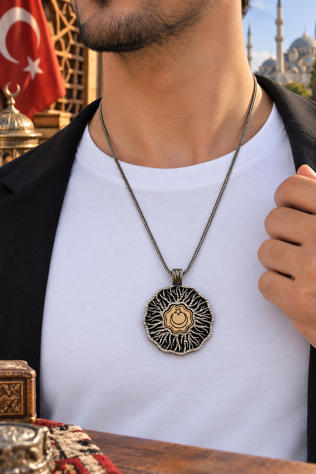 925 AYAR AYYILDIZLI  DESENLİ ERKEK GÜMÜŞ KOLYE
