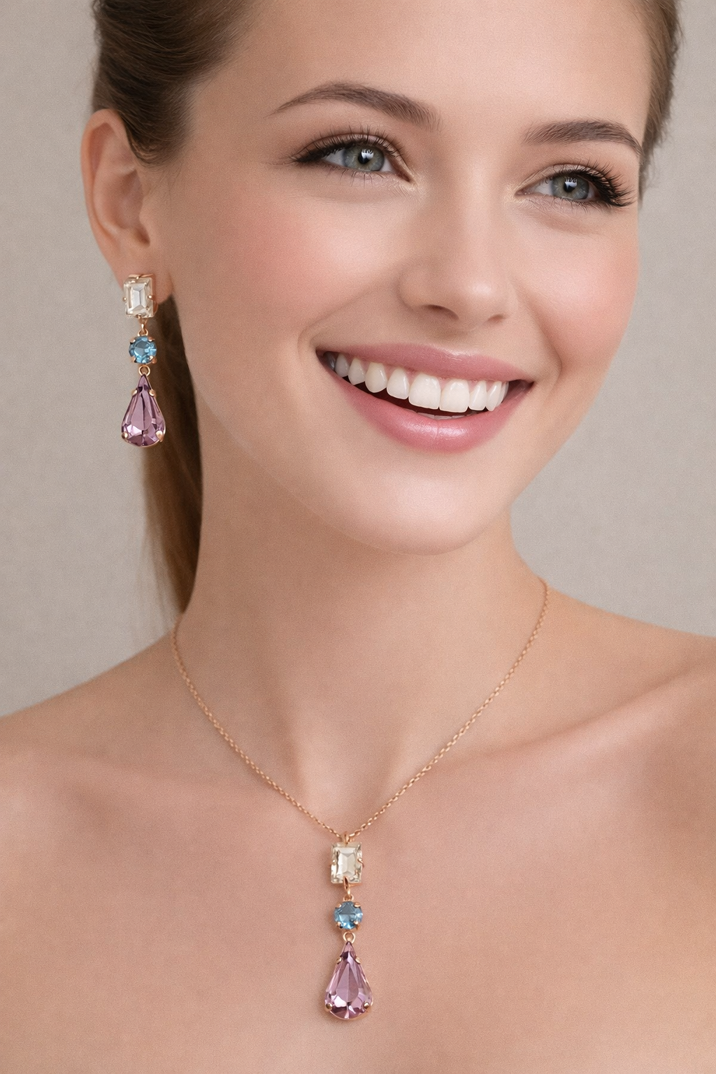 925 AYAR DAMLA AMETİST  SWAROVSKİ TAŞLI  GÜMÜŞ İKİLİ SET