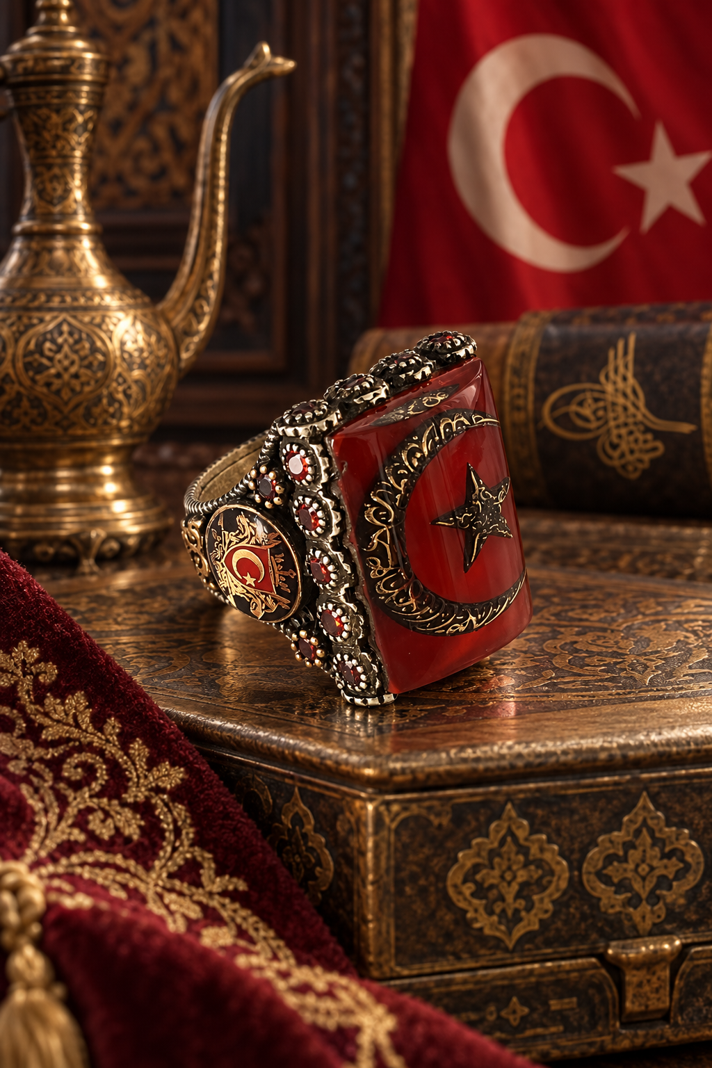 925 AYAR KIRMIZI MİNE ÜZERİNE AY YILDIZLI  ERKEK GÜMÜŞ YÜZÜK