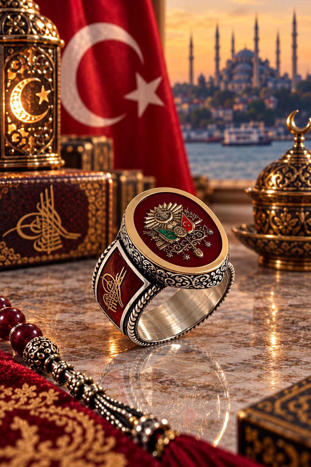 925 AYAR  KIRMIZI MİNELİ OSMANLI DEVLET ARMALI ERKEK GÜMÜŞ YÜZÜK