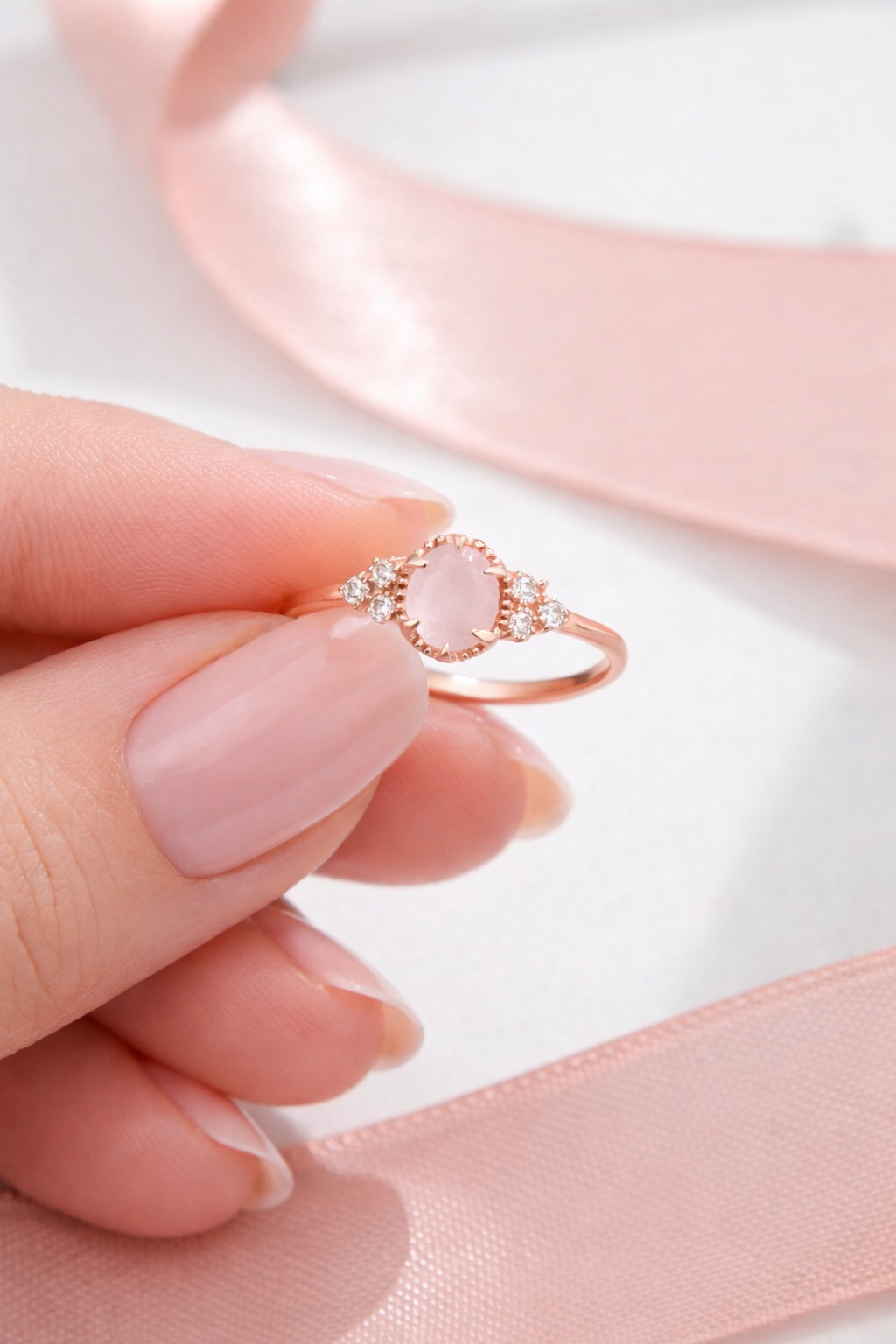 925 Ayar Oval Pembe Kuvars Taşlı Gümüş Yüzük