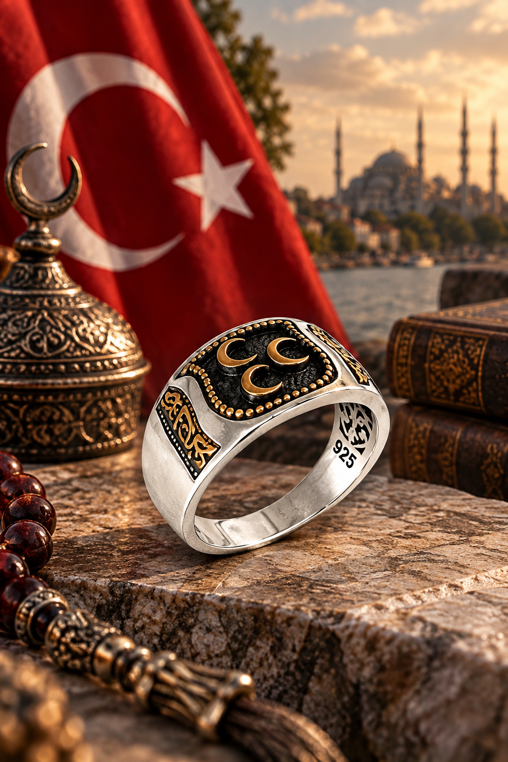 925 AYAR ÖZEL TASARIM ÜÇ HİLALLİ ERKEK GÜMÜŞ YÜZÜK