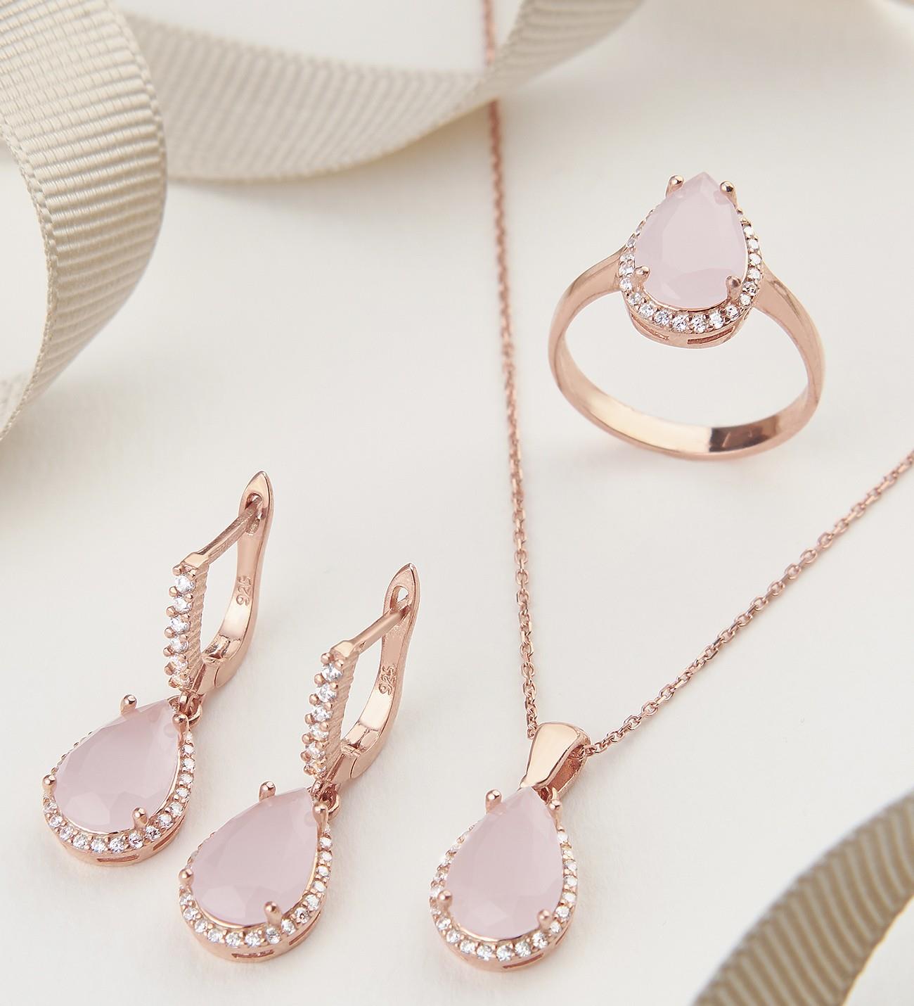 925 Ayar Pembe Kuvars Taşlı Damla Montür Üçlü Gümüş Set