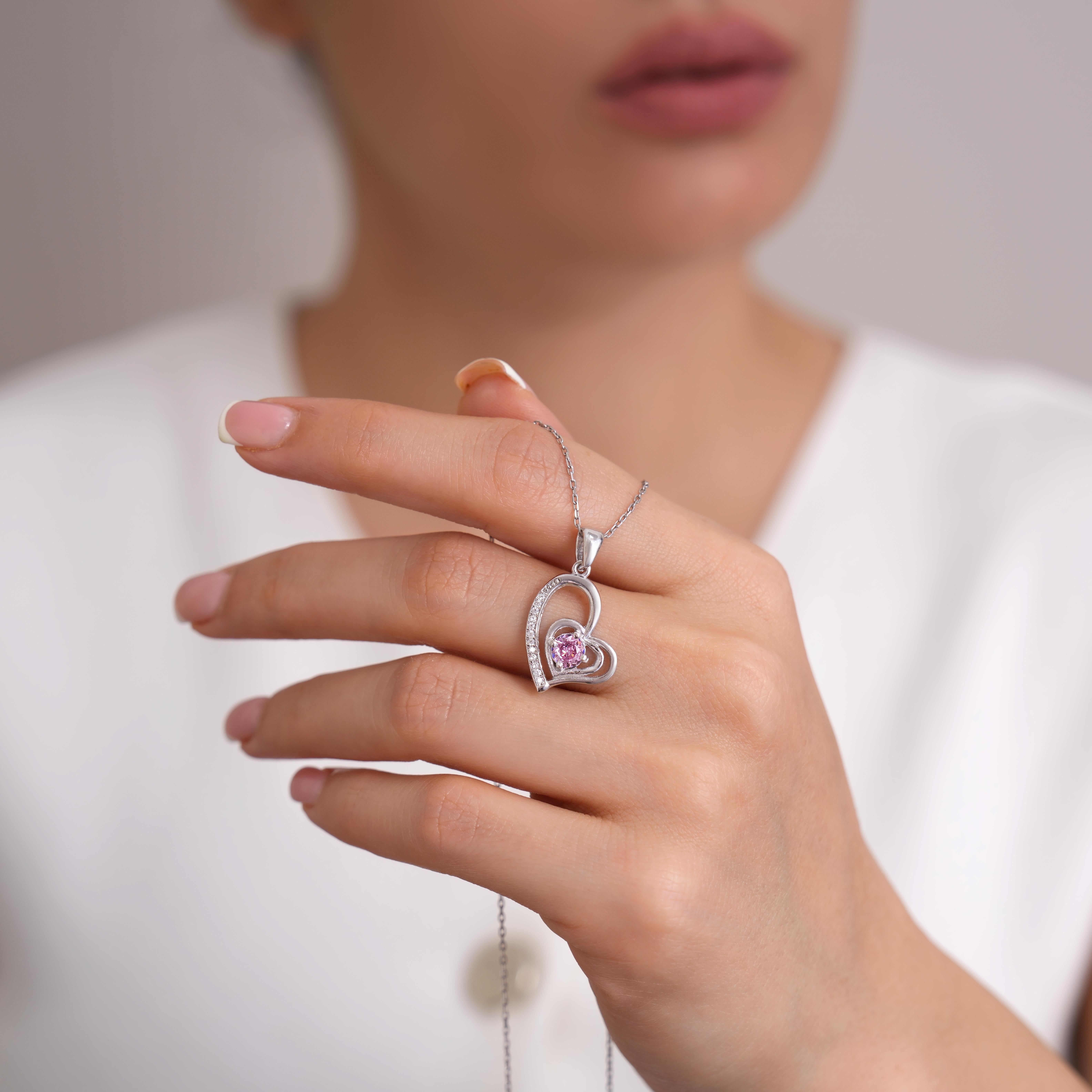 925 AYAR RADYUM KAPLAMA PEMBE KALPLİ ZİRKON TAŞLI KALP KOLYE