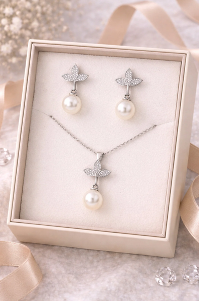 925 AYAR RODYUM KAPLAMA İNCİLİ YAPRAK MODEL İKİLİ GÜMÜŞ SET