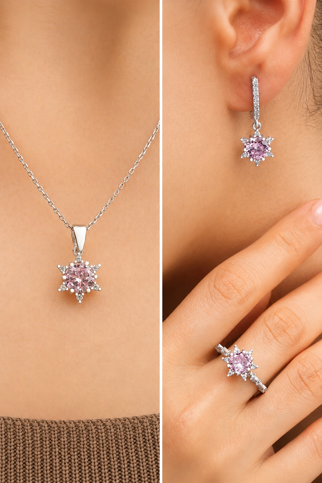 925 AYAR RODYUM KAPLAMA PEMBE ZİRKON TAŞLI LOTUS ÇİÇEĞİ AŞK GÜNEŞİ GÜMÜŞ SET