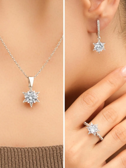 925 AYAR RODYUM KAPLAMA ZİRKON TAŞLI LOTUS ÇİÇEĞİ AŞK GÜNEŞİ GÜMÜŞ SET