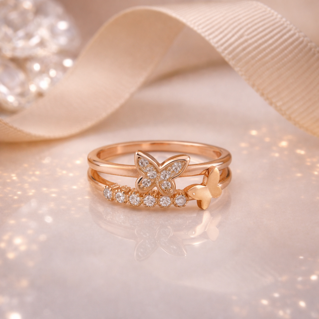 925 AYAR ROSE GOLD KAPLAMA SIRA ZİRKON TAŞLI KELEBEK MODEL GÜMÜŞ YÜZÜK