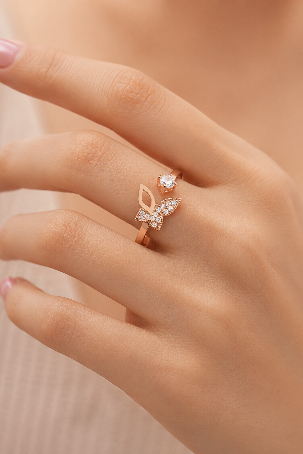 925 AYAR ROSE GOLD KAPLAMA ZİRKON TAŞLI KELEBEK GÜMÜŞ YÜZÜK
