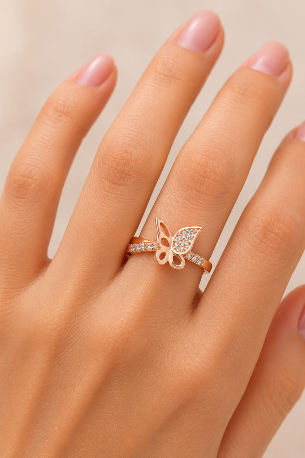 925 AYAR ROSE GOLD KAPLAMA ZİRKON TAŞLI KELEBEK GÜMÜŞ YÜZÜK 