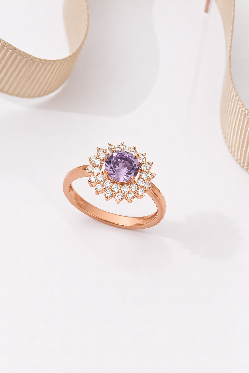 925 AYAR ROSE KAPLAMA AMETİST TAŞLI ÇİÇEK MODEL GÜMÜŞ YÜZÜK