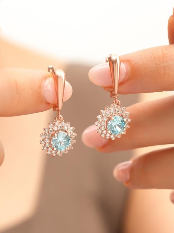 925 AYAR ROSE KAPLAMA AQUA MARİN TAŞLI ÇİÇEK MODEL GÜMÜŞ LKÜPE