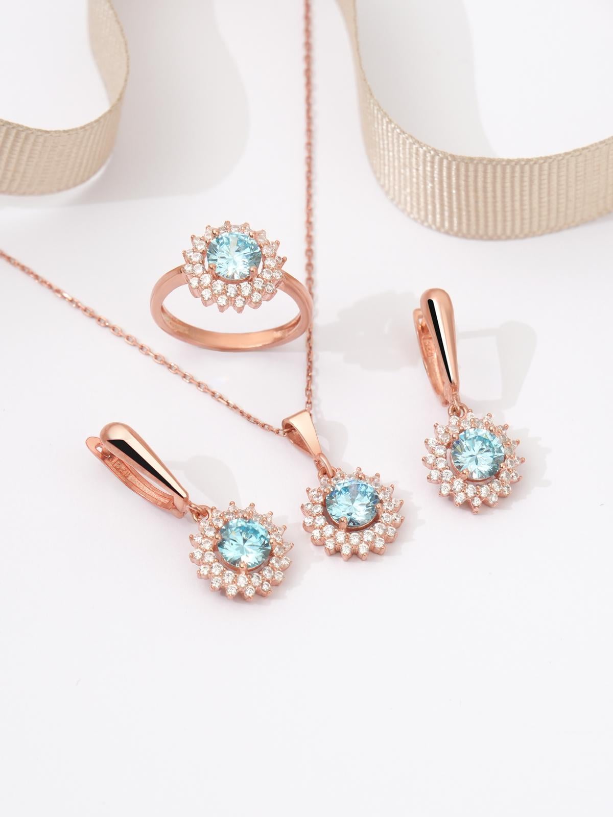 925 AYAR ROSE KAPLAMA AQUA MARİN TAŞLI  ÇİÇEK MODEL GÜMÜŞ SET