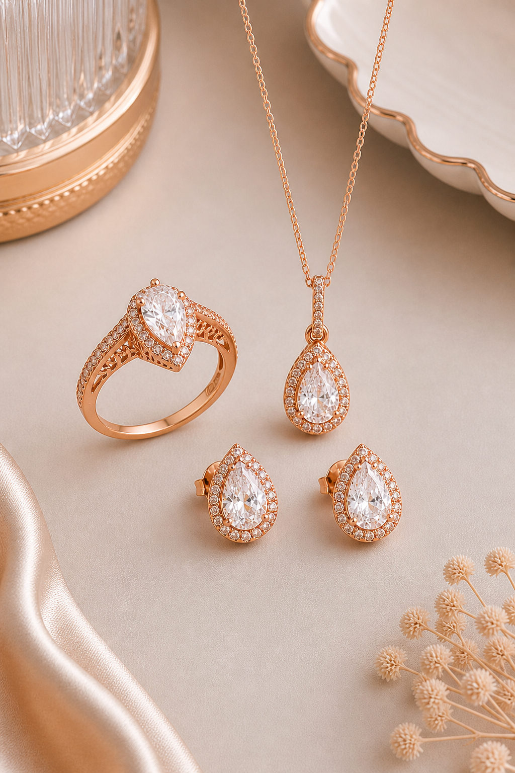 925 AYAR ROSE KAPLAMA  DAMLA ZİRKON TAŞLI GÜMÜŞ SET