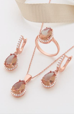 925 Ayar Rose Kaplama Damla  Zultanit Taşlı Gümüş Üçlü Set