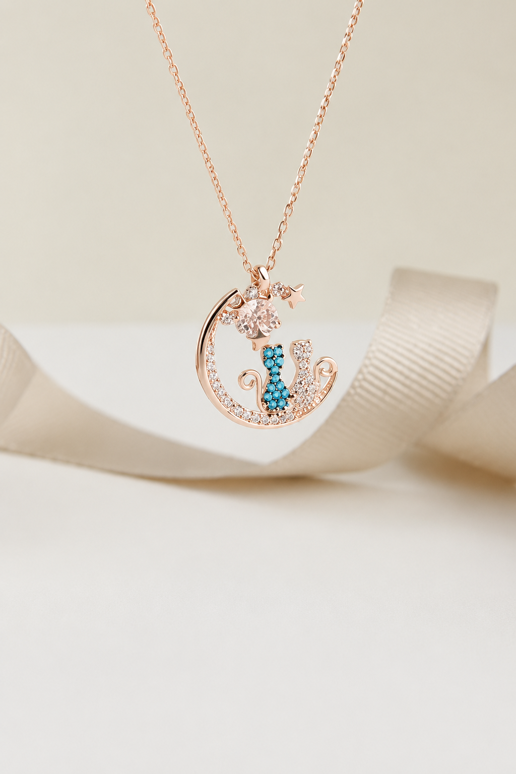 925 AYAR ROSE KAPLAMA KEDİ  GÜMÜŞ KOLYE 