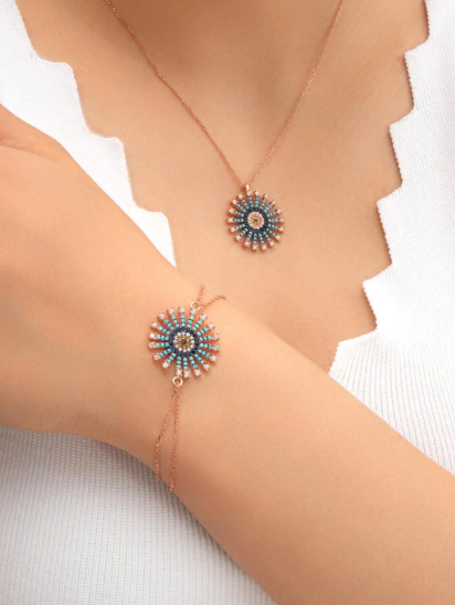 925 AYAR ROSE KAPLAMA  NAZAR BONCUKLU GÜNEŞ MODEŞ GÜMÜŞ SET