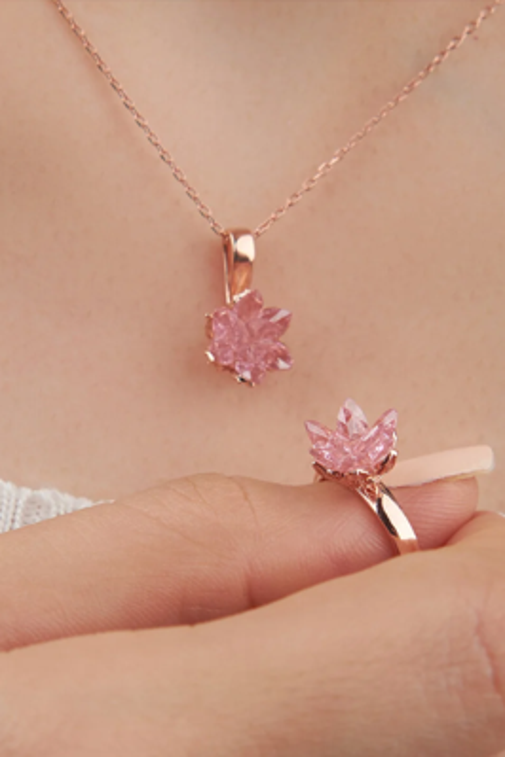 925 AYAR ROSE KAPLAMA PEMBE LOTUS ÇİÇEĞİ GÜMÜŞ SET