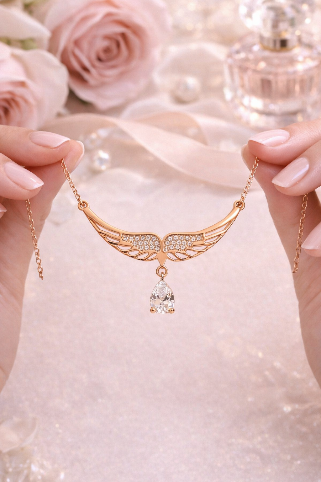 925 AYAR ROSE KAPLAMA SWAROVSKİ TAŞLI MELEK KANADI GÜMÜŞ KOLYE