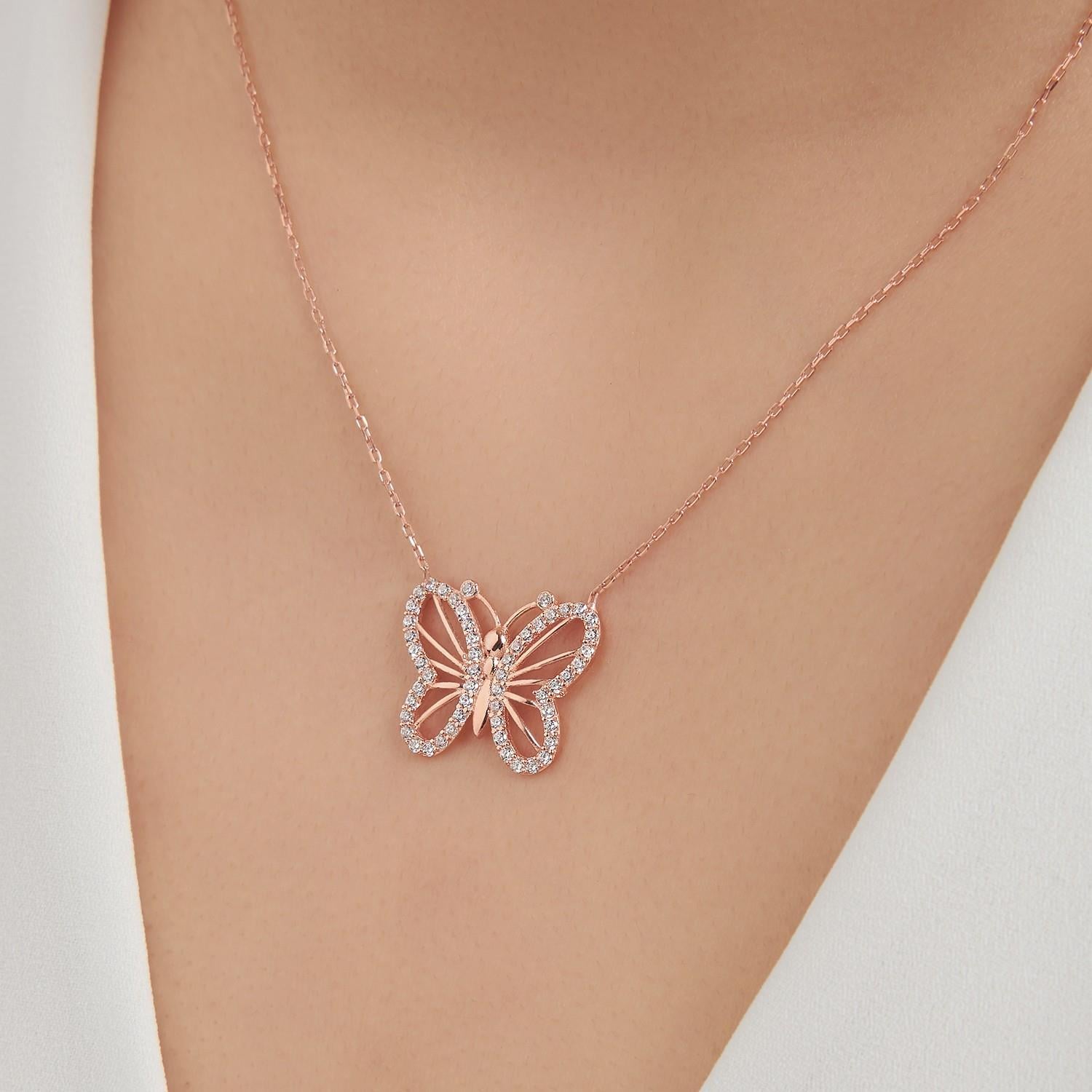 925 Ayar Rose Kaplama  Zirkon Taşlı Kelebek Gümüş Kolye