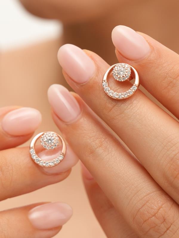 925 AYAR ROSE KAPLAMA ZİRKON TAŞLI LAVA-YUVARLAK MODEL GÜMÜŞ KÜPE