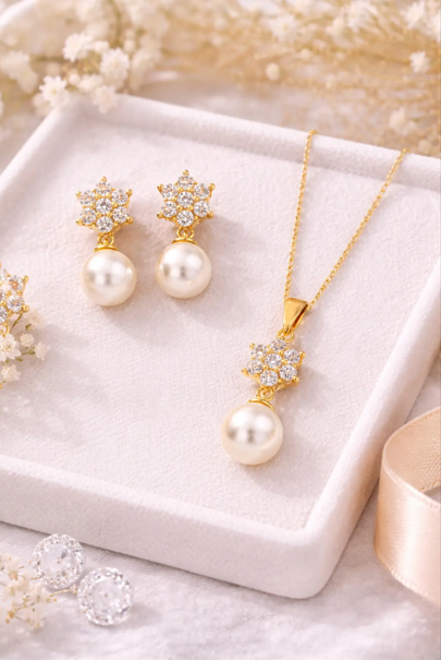 925 AYAR SARI ALTIN KAPLAMA İKİLİ  İNCİ GÜMÜŞ SET