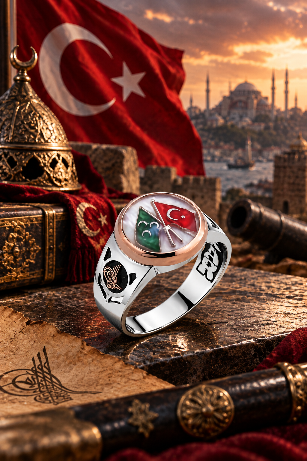 925 AYAR SEDEF TAŞ ÜZERİNE OSMANLI VE TÜRK BAYRAKLI GÜMÜŞ YÜZÜK
