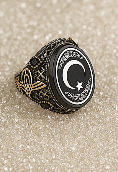 925 AYAR  TUĞRALI AYYILDIZ ERKEK GÜMÜŞ YÜZÜK