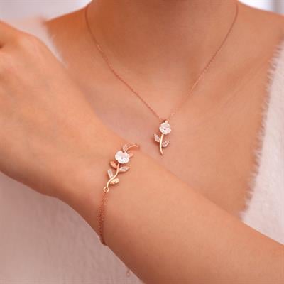925 AYAR ROSE KAPLAMA MANOLYA ÇİÇEKLİ YAPRAK MODEL KOLYE-BİLEKLİK İKİLİ GÜMÜŞ SET