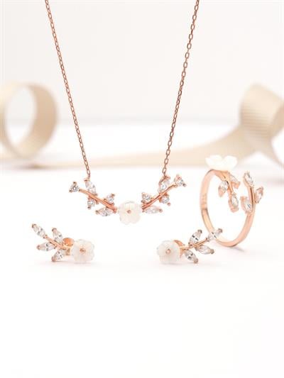 925 AYAR ROSE KAPLAMA MANOLYA ÇİÇEKLİ GÜMÜŞ SET