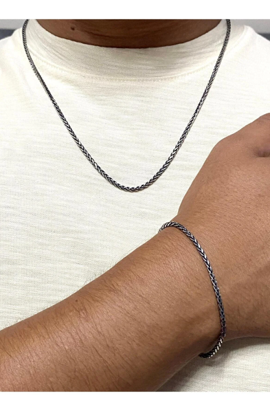 925 AYAR 3 MM OKSİDE KAPLAMA SPİGA BALIK SIRTI ERKEK  KOLYE- BİLEKLİK GÜMÜŞ İKİLİ SET