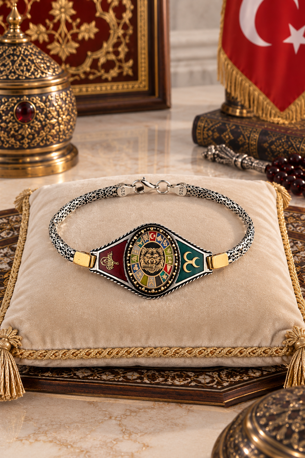 925 AYAR ASLAN MOTİFLİ TÜRK DEVLETLERİ TEŞKİLATI KRAL ERKEK GÜMÜŞ BİLEKLİK