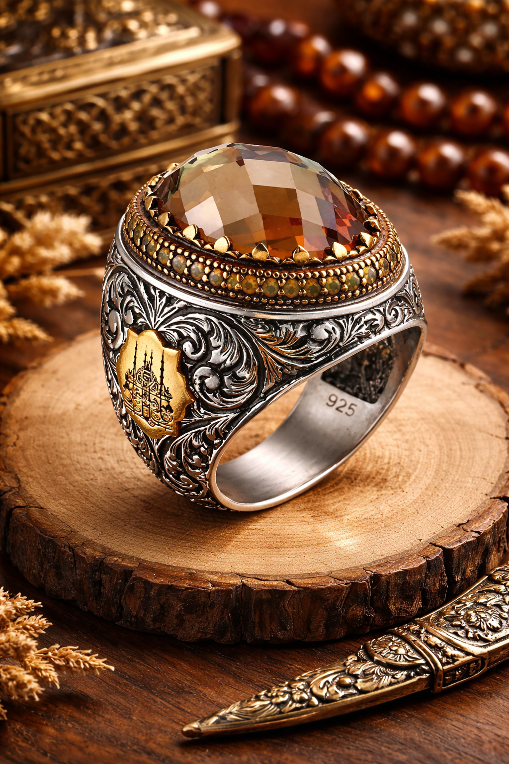 925 AYAR CAMİ MOTİFLİ  ZULTANİT TAŞLI ERKEK GÜMÜŞ YÜZÜK