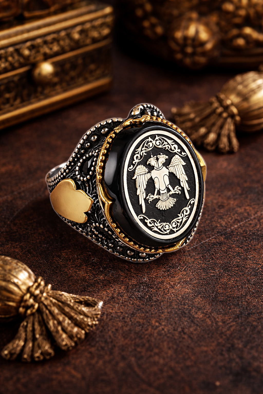 925 AYAR ÇİFT BAŞLI SELÇUKLU KARTALI ERKEK GÜMÜŞ YÜZÜK