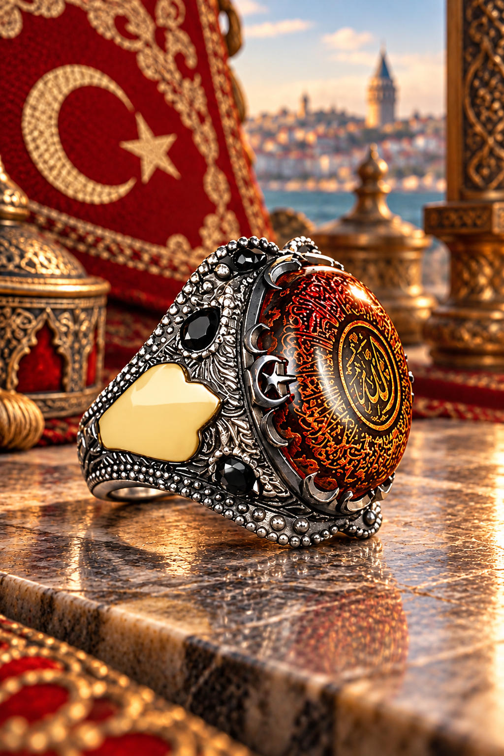 925 AYAR KEHRİBAR TAŞLI  AYETEL KÜRSİ  ERKEK GÜMÜŞ  YÜZÜK