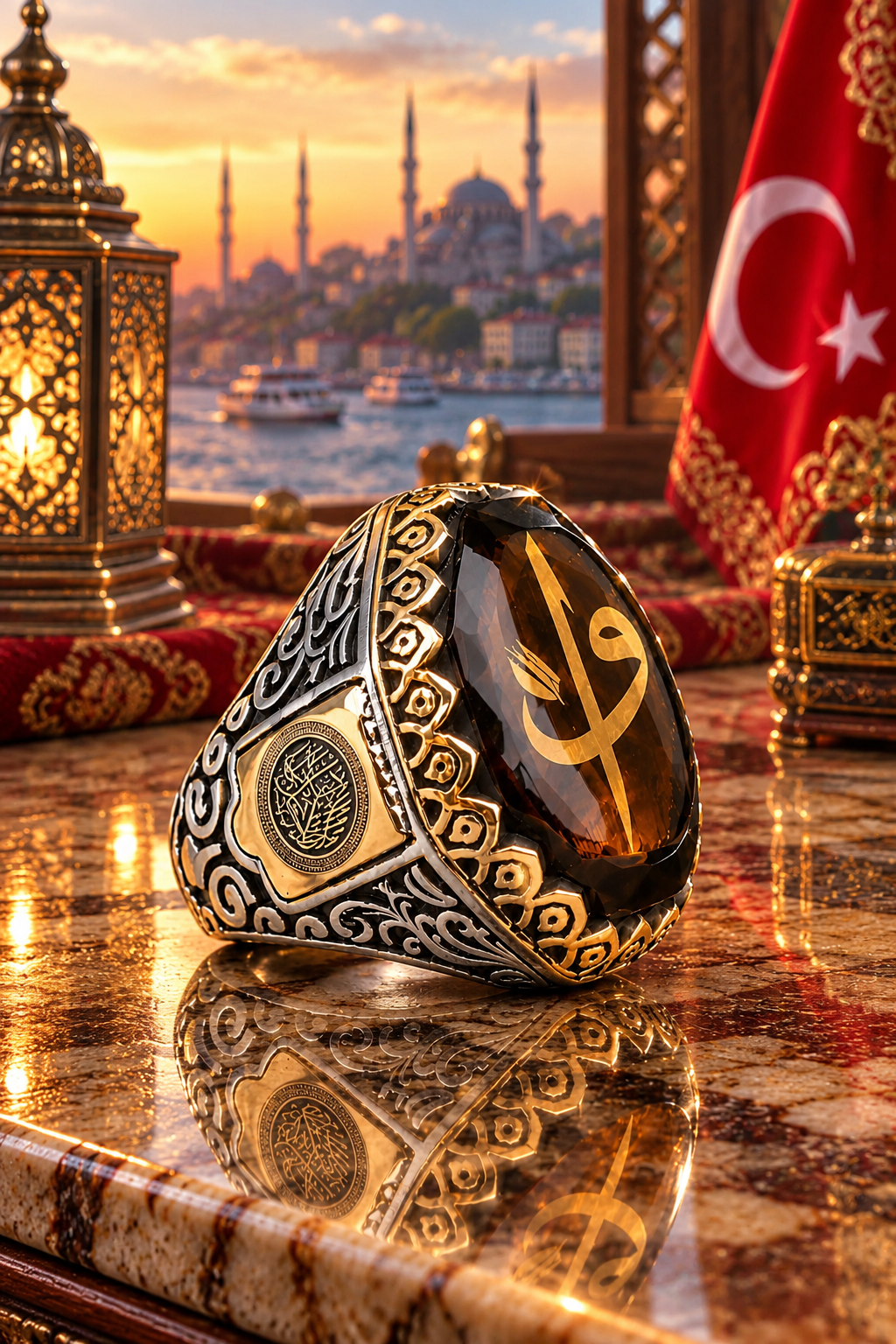 925 AYAR KEHRİBAR TAŞLI ELİF VAV FİGÜRLÜ ERKEK GÜMÜŞ YÜZÜK