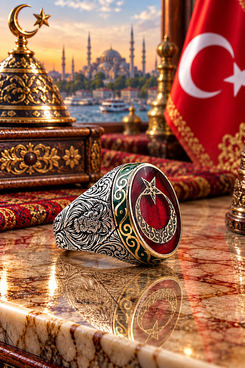 925 Ayar kırmızı mineli ay yıldız erkek gümüş yüzük