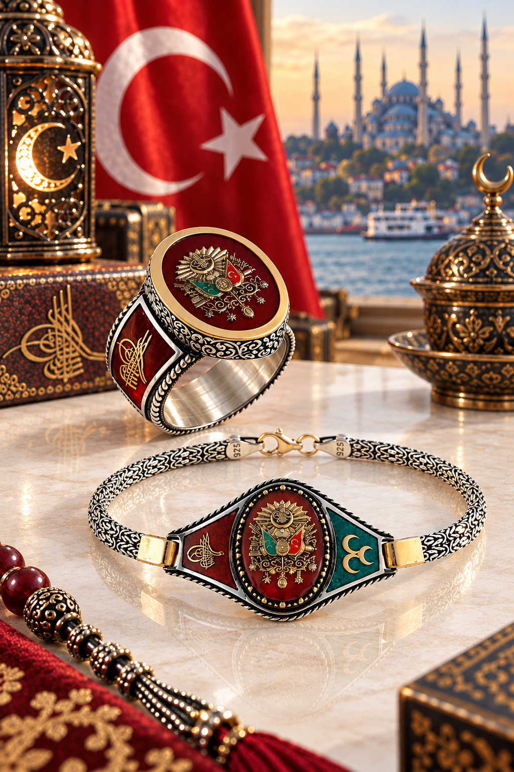 925 AYAR KIRMIZI MİNELİ  OSMANLI DEVLET ARMALI BİLEKLİK-YÜZÜK ERKEK GÜMÜŞ İKİLİ KOMBİN