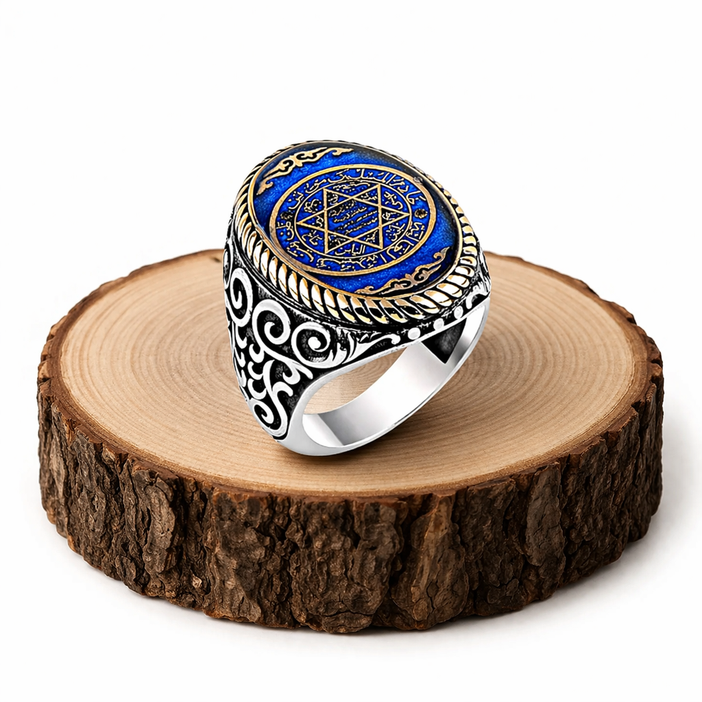 925 AYAR MAVİ MİNELİ SÜLEYMAN MÜHRÜ GÜMÜŞ YÜZÜK