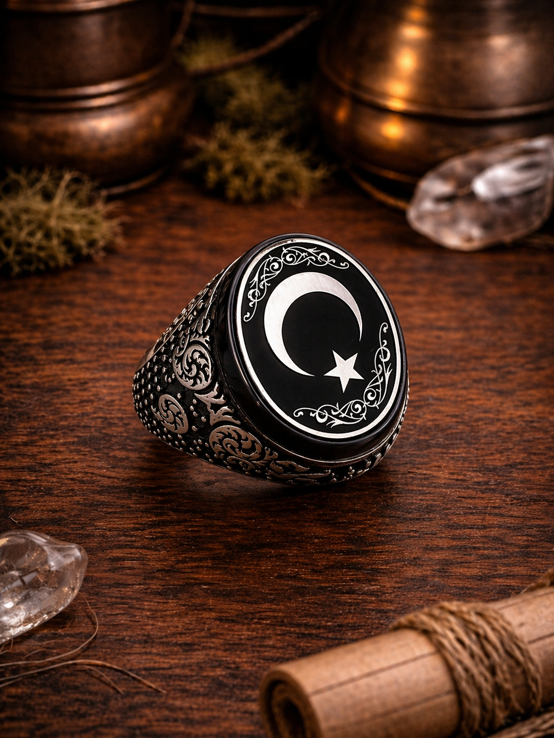 925 AYAR MOTİFLİ AY YILDIZLI ERKEK GÜMÜŞ YÜZÜK