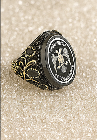 925 AYAR MOTİFLİ ÇİFT BAŞLI  SELÇUKLU KARTALI ERKEK GÜMÜŞ YÜZÜK