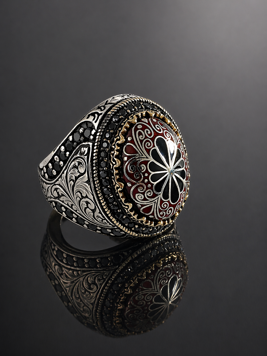 925 AYAR ONİKS TAŞLI  MİNE İŞLEMELİ  ERKEK GÜMÜŞ YÜZÜK