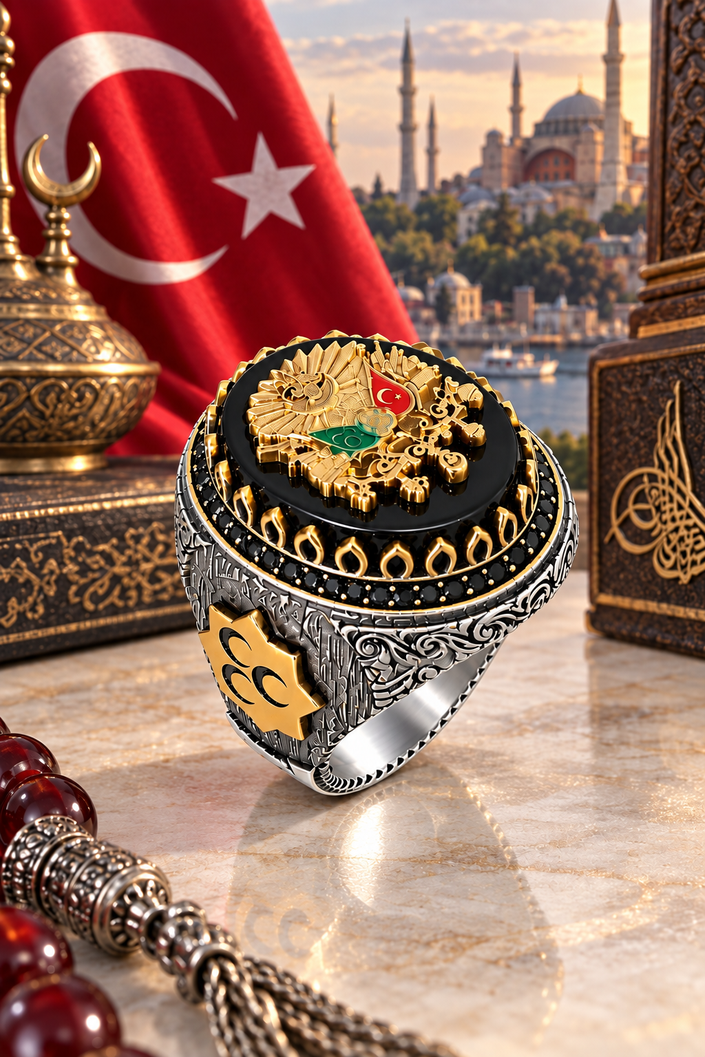 925 AYAR ONİKS TAŞLI OSMANLI DEVLET ARMALI  ERKEK GÜM,ÜŞ YÜZÜK