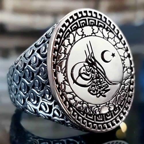 925 AYAR OVAL KESİM MOTİFLİ OSMANLI TUĞRASI GÜMÜŞ YÜZÜK