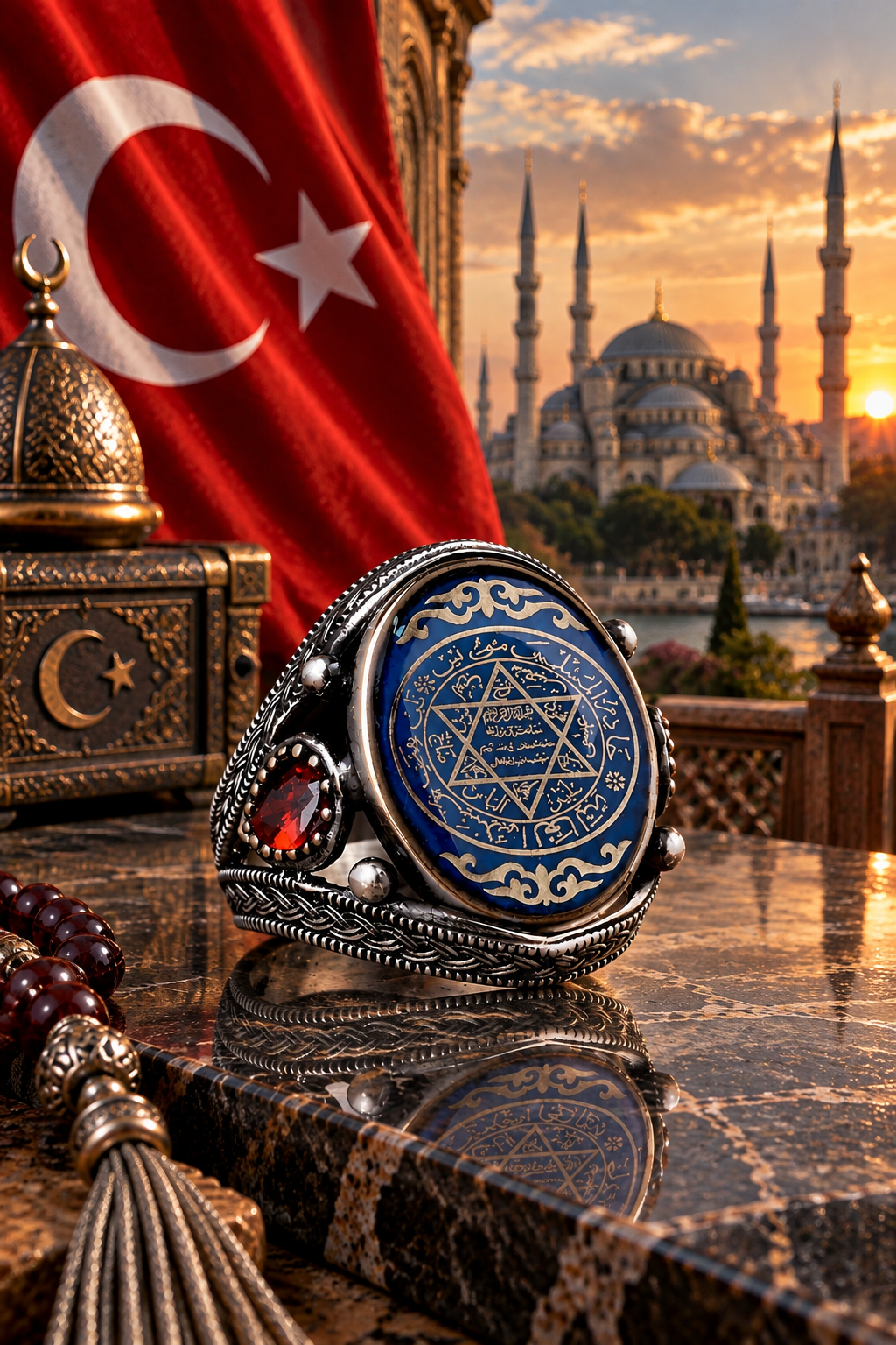 925 AYAR  OVAL MAVİ MİNE ÜZERİNE SÜLEYMAN MÜHRÜ  ERKEK GÜMÜŞ YÜZÜK